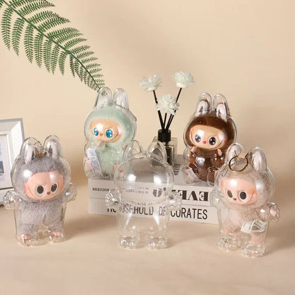Labubutransparent Macaron Doll Case for Popmart Bubble Mart Elf Dustproof Cover Christmas New Year Gift Storage Box Accessories